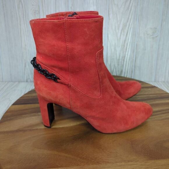 Calvin Klein Womens 8 Owena Suede Ankle Boots Red Chain Detail Zips High Heel - Picture 6 of 11